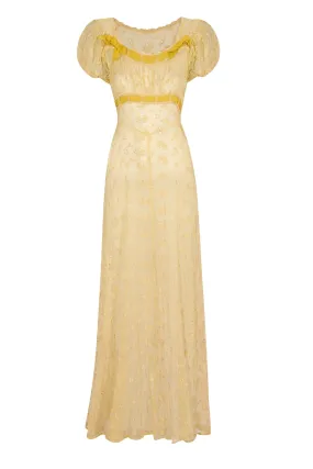 1930s Buttercup Yellow Embroidery Anglaise Dress