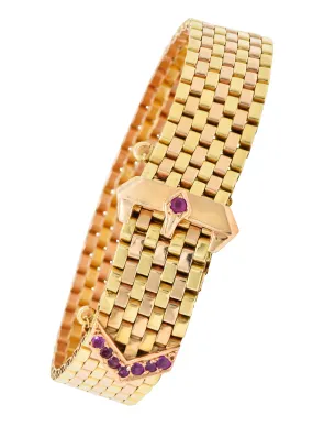 1940's Retro Ruby 14 Karat Two-Tone Gold Buckle Bracelet