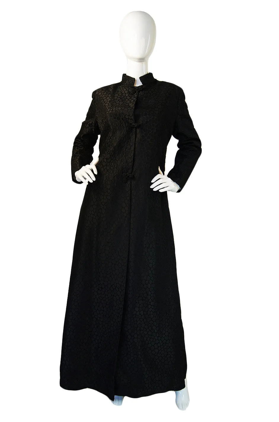 1960s Black Silk Brocade Maxi Coat