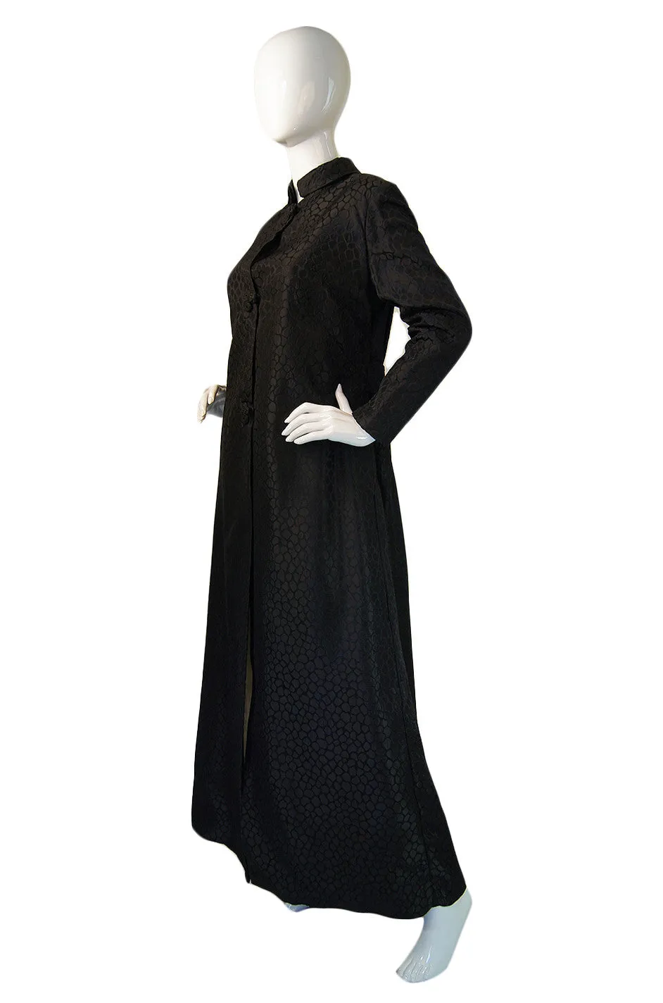 1960s Black Silk Brocade Maxi Coat