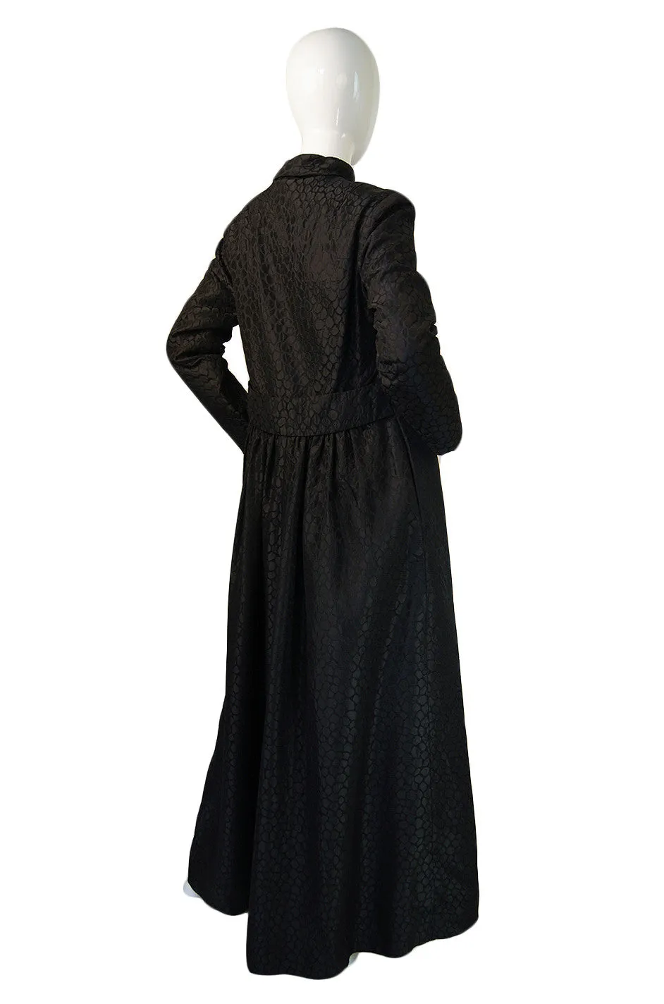 1960s Black Silk Brocade Maxi Coat