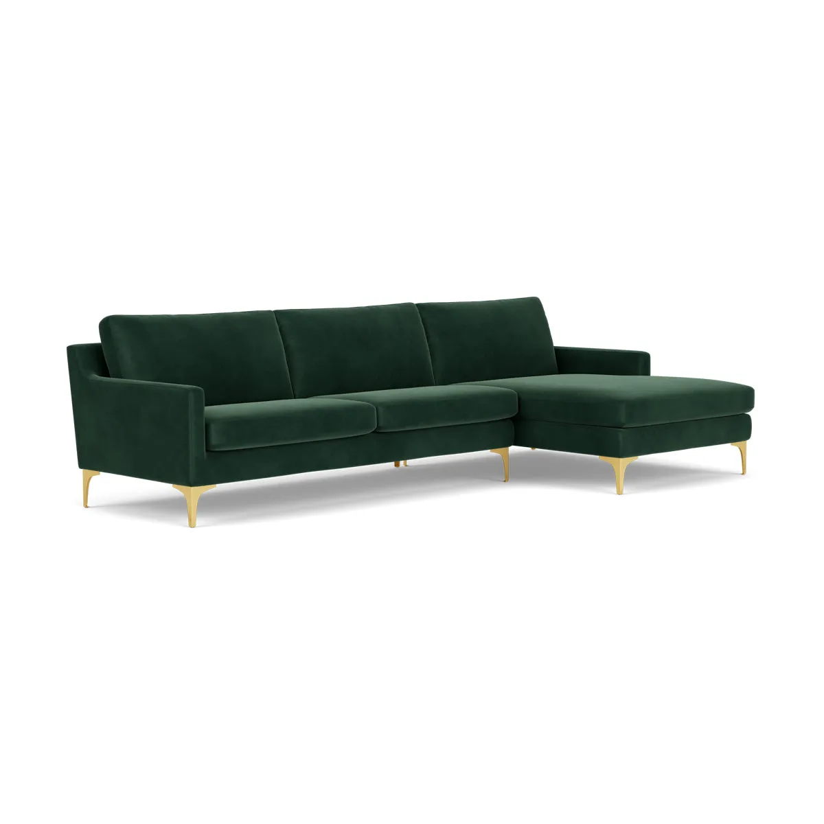 Astha Velvet Right Chaise Sofa (Brass Metal, Lux Dark Green)