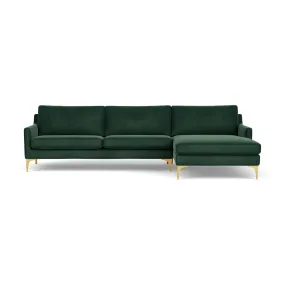 Astha Velvet Right Chaise Sofa (Brass Metal, Lux Dark Green)