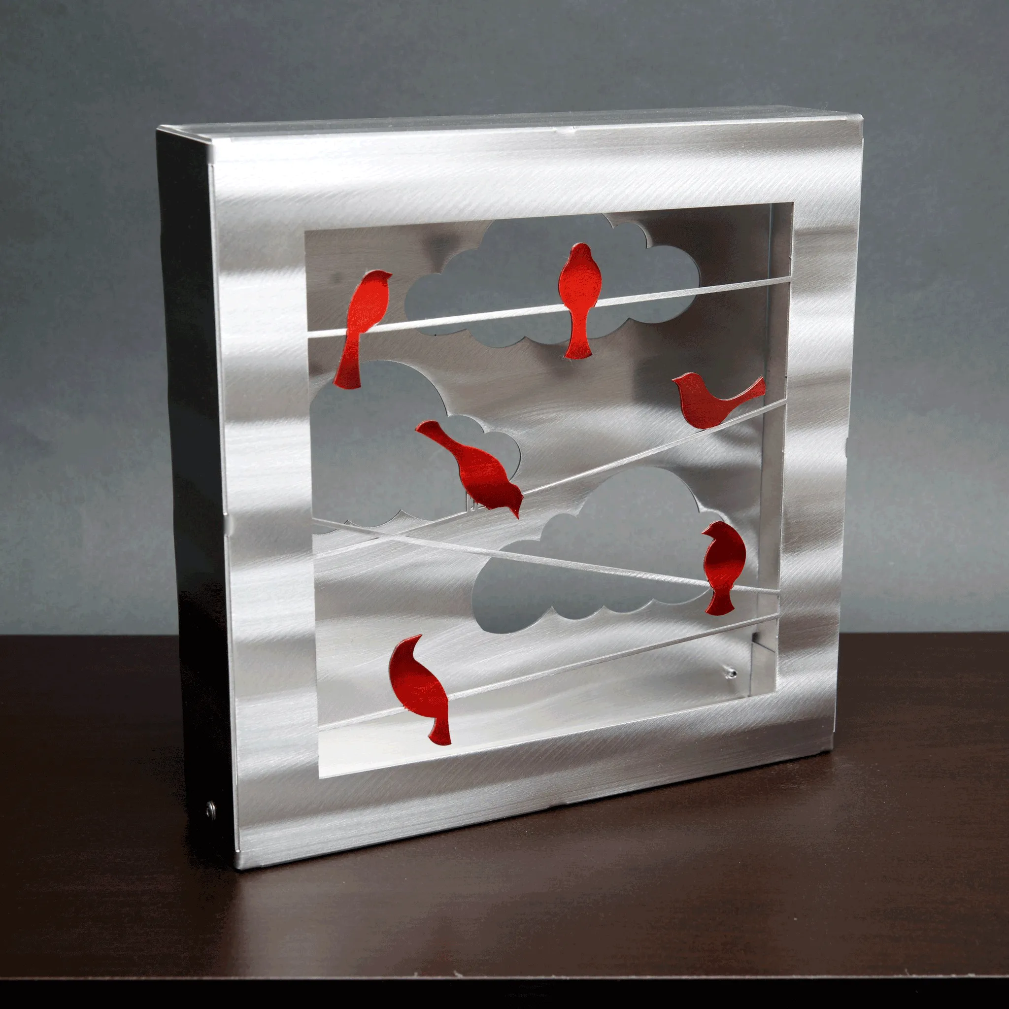 Birds on A Wire in Red or Blue Box Table Art Hand Painted Brushed Aluminum Table Sculpture, Metal Petal Art by Sondra Gerber