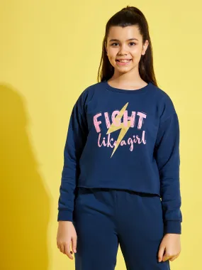 Girls Blue Fleece FIGHT Crop Sweatshirt