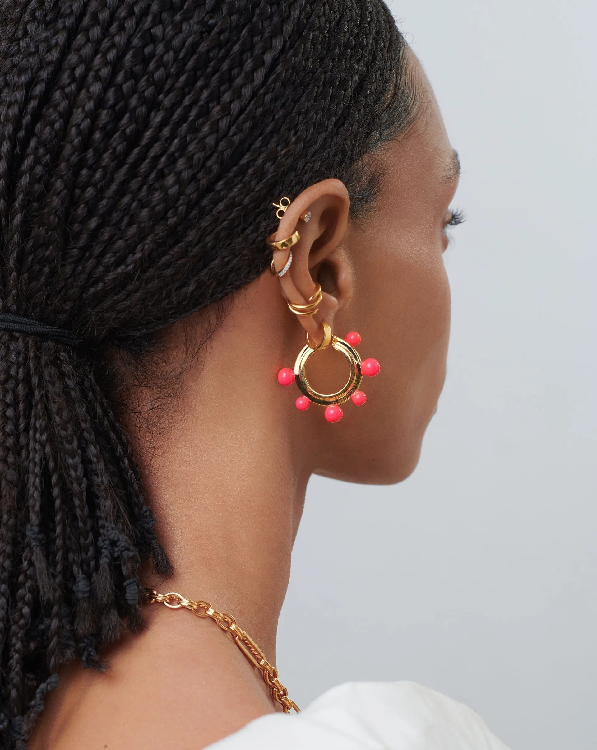 Good Vibes Neon Enamel Sphere Large Hoop Earrings | 18ct Gold Plated/Hot Pink