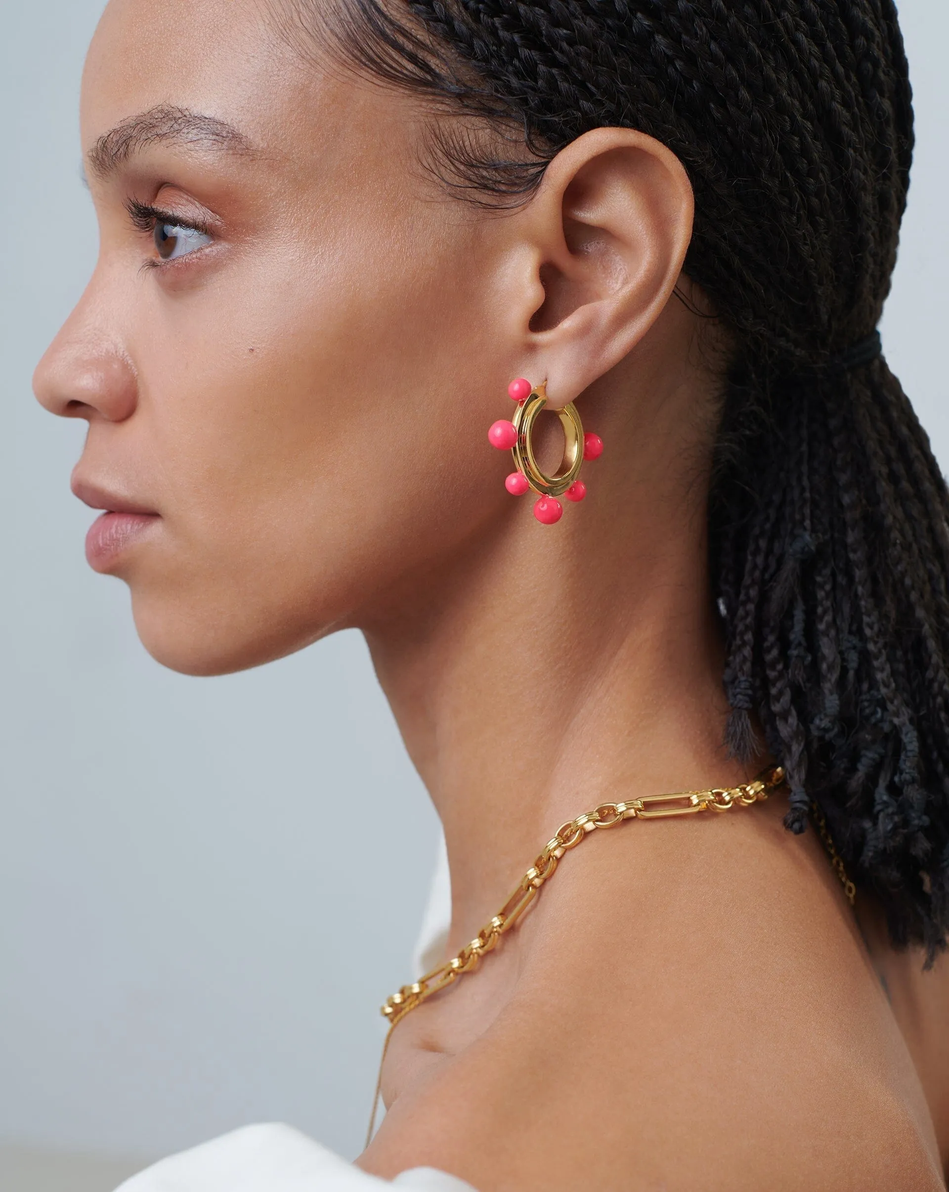 Good Vibes Neon Enamel Sphere Large Hoop Earrings | 18ct Gold Plated/Hot Pink