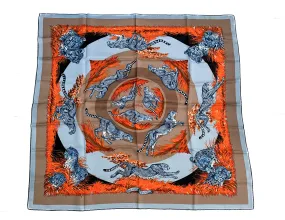 Hermès carre 90cm blue, orange, taupe guepards silk scarf