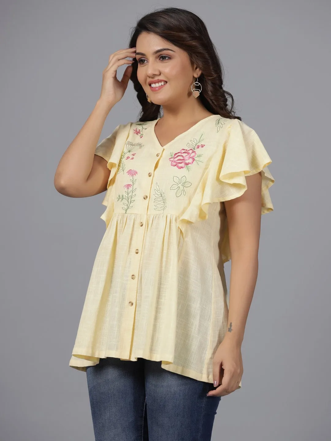 Juniper Yellow Cotton Slub Solid with Embroidered Tunic