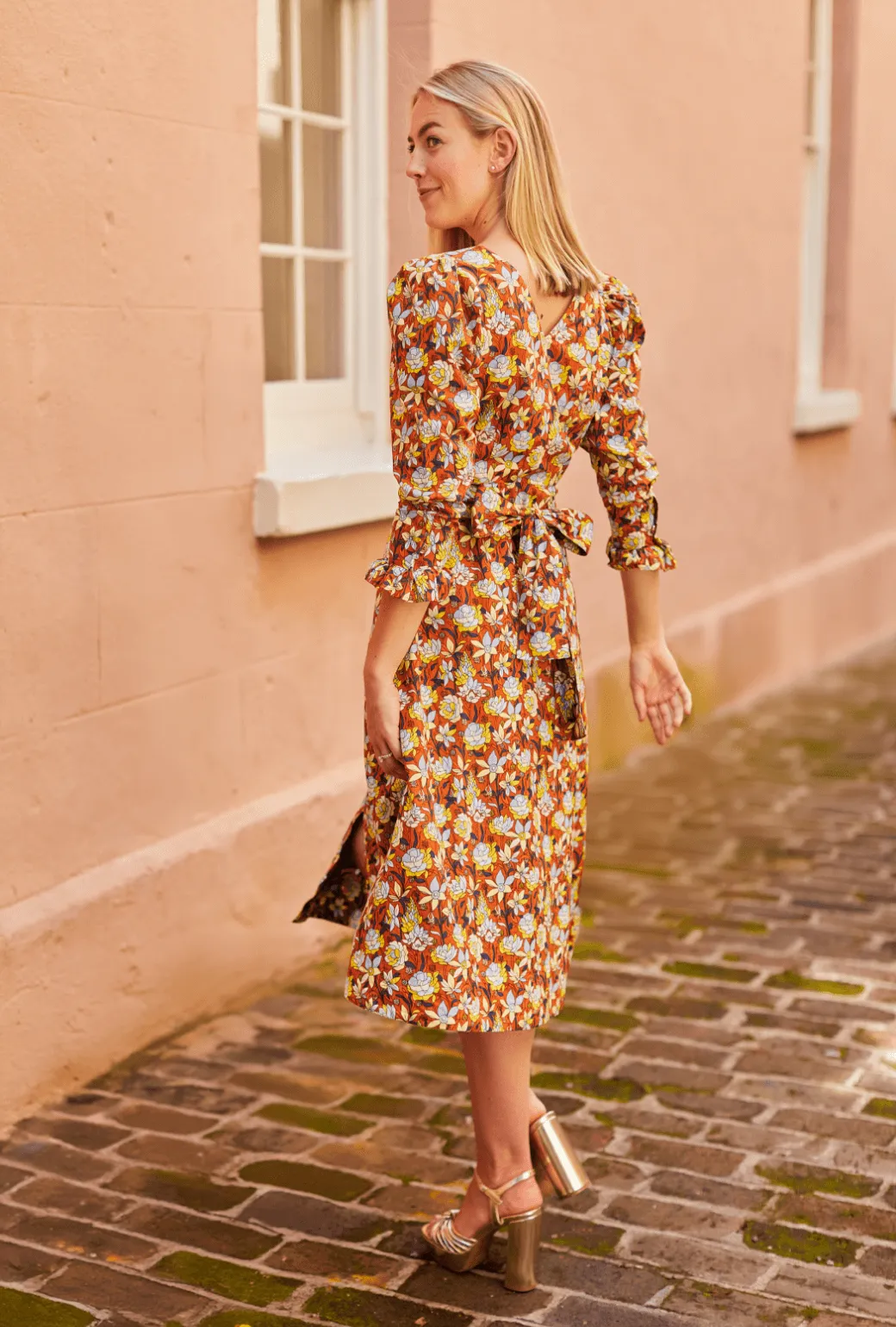 Long Sleeve Day Gown - MIDI - Bronze Floral