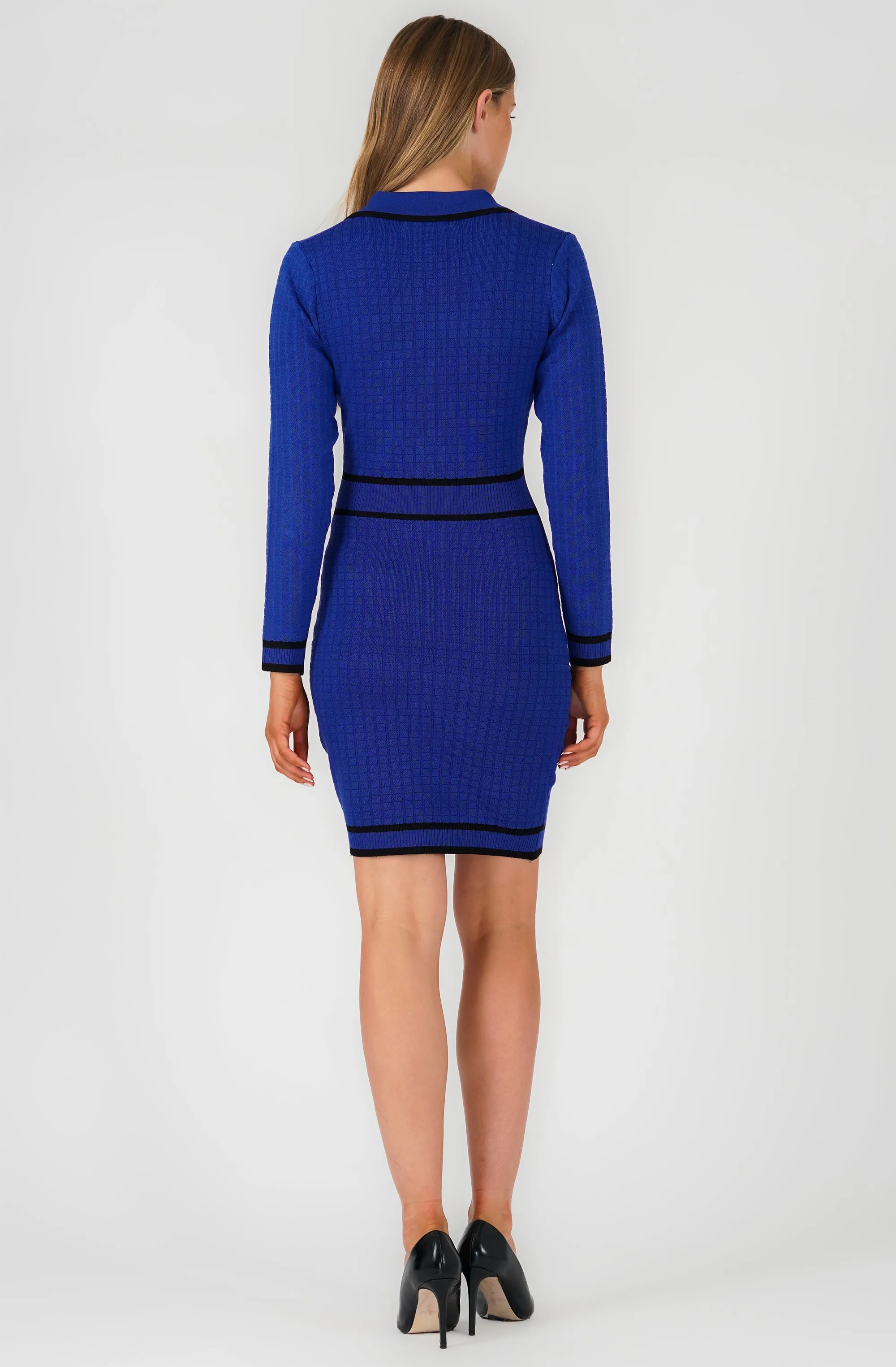 Long-Sleeve Lapel Collar Knitted Dress with Contrast Trim