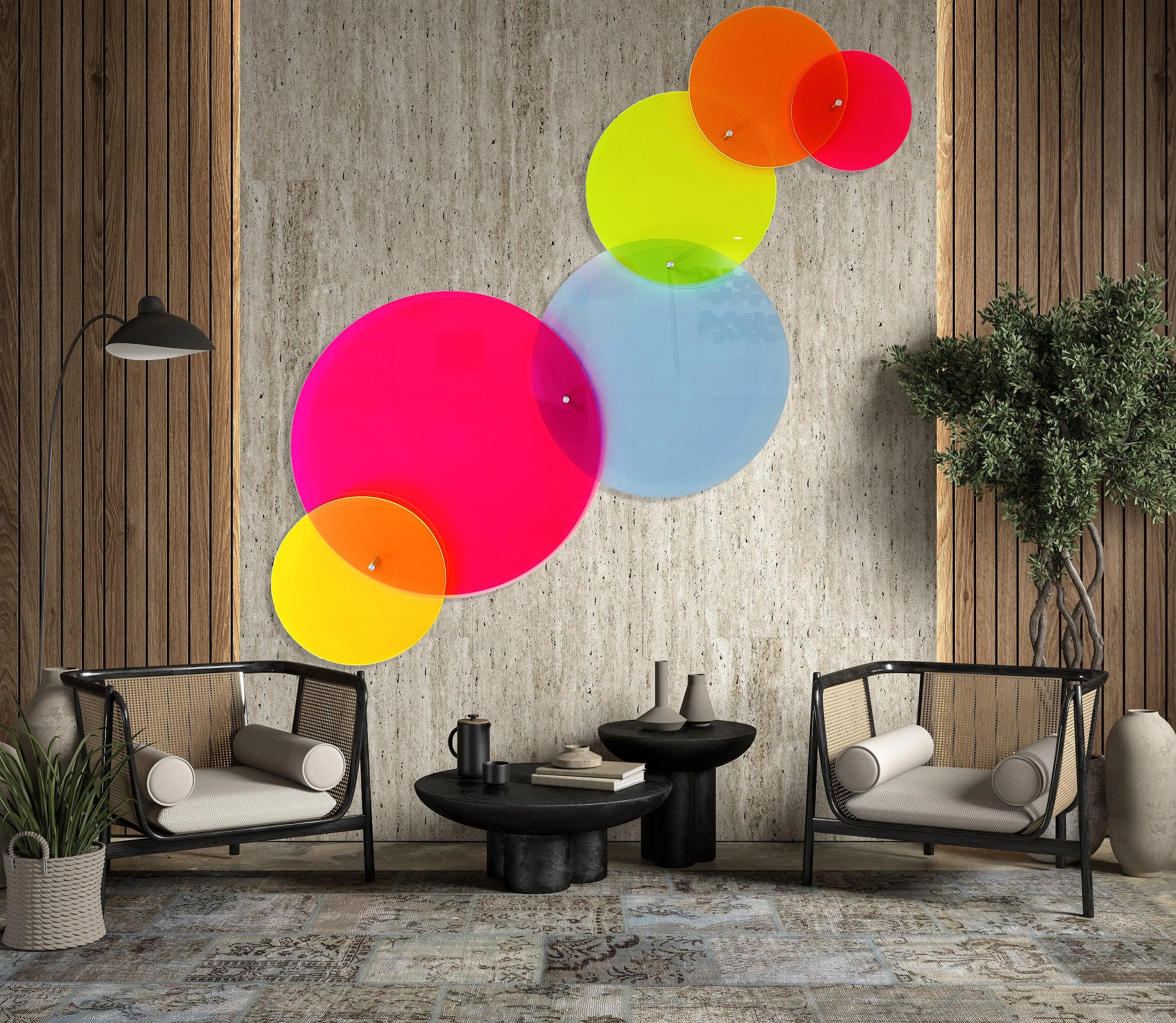 Neon Circles Fluorescent Acrylic Art Transparent Set of Circles