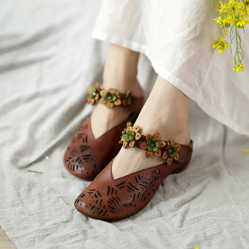 Retro Leather Slide Sandals Summer Slippers Handmade Mules Flowers  Coffee/Purple