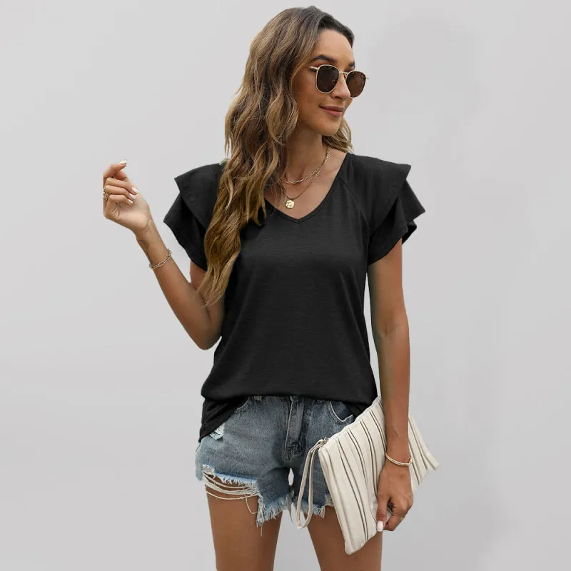 Women's V-Neck Double Layer Ruffled Sleeve Loose Top