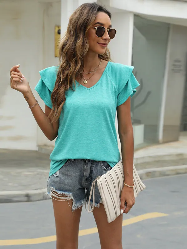 Women's V-Neck Double Layer Ruffled Sleeve Loose Top