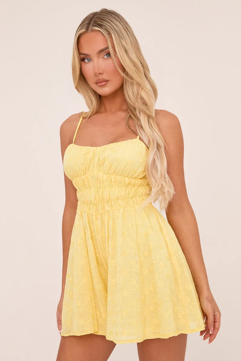 Yellow Embroidered Shirring Detail Playsuit - Marlena