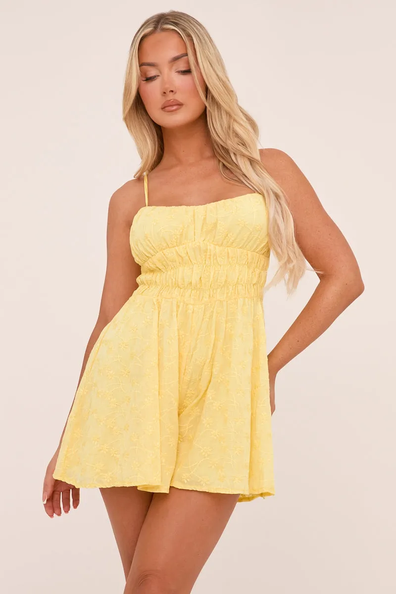 Yellow Embroidered Shirring Detail Playsuit - Marlena