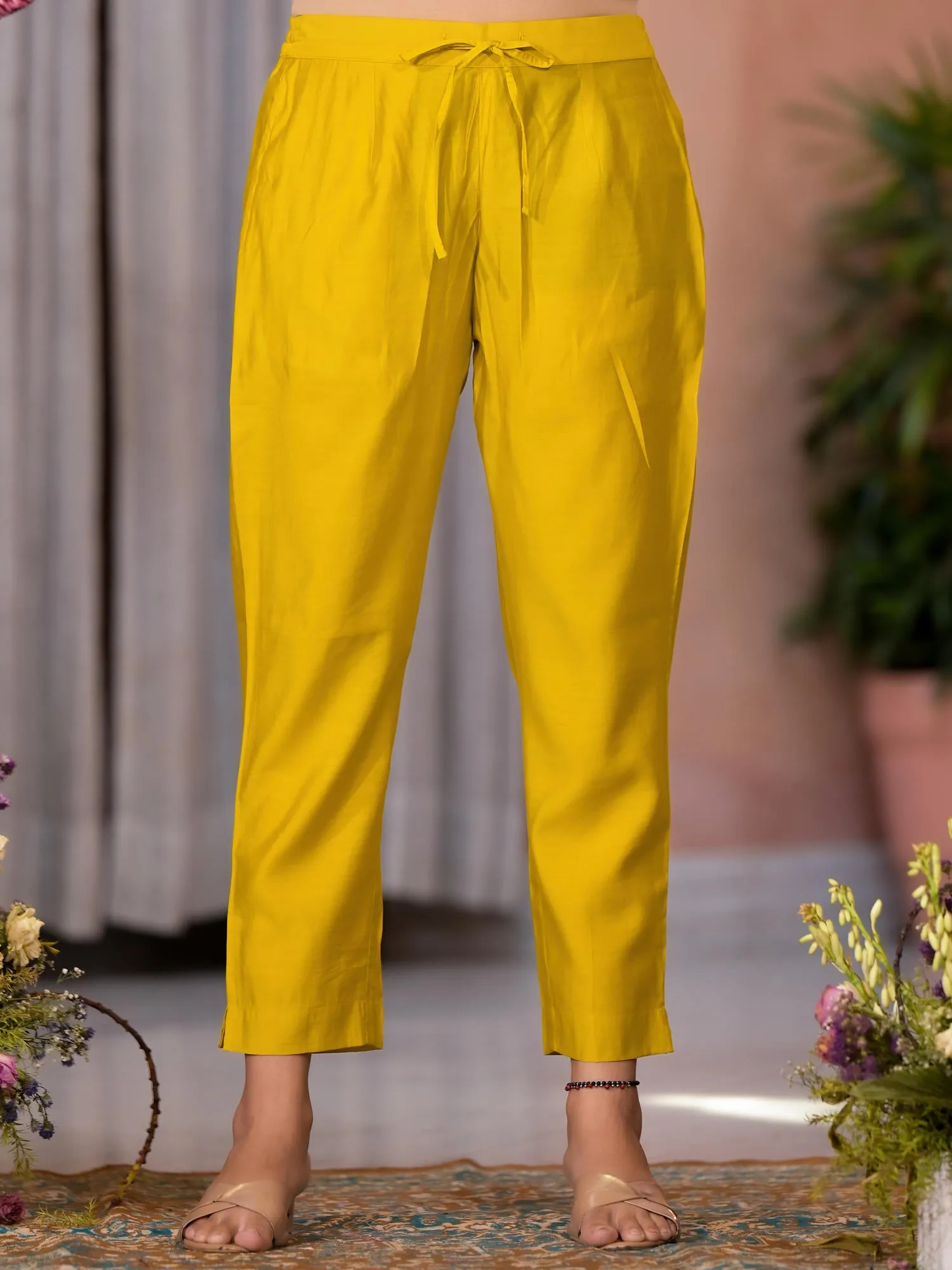 Yellow Thread Embroidered  Viscose Kurta Pant And Dupatta Set With Zari Work