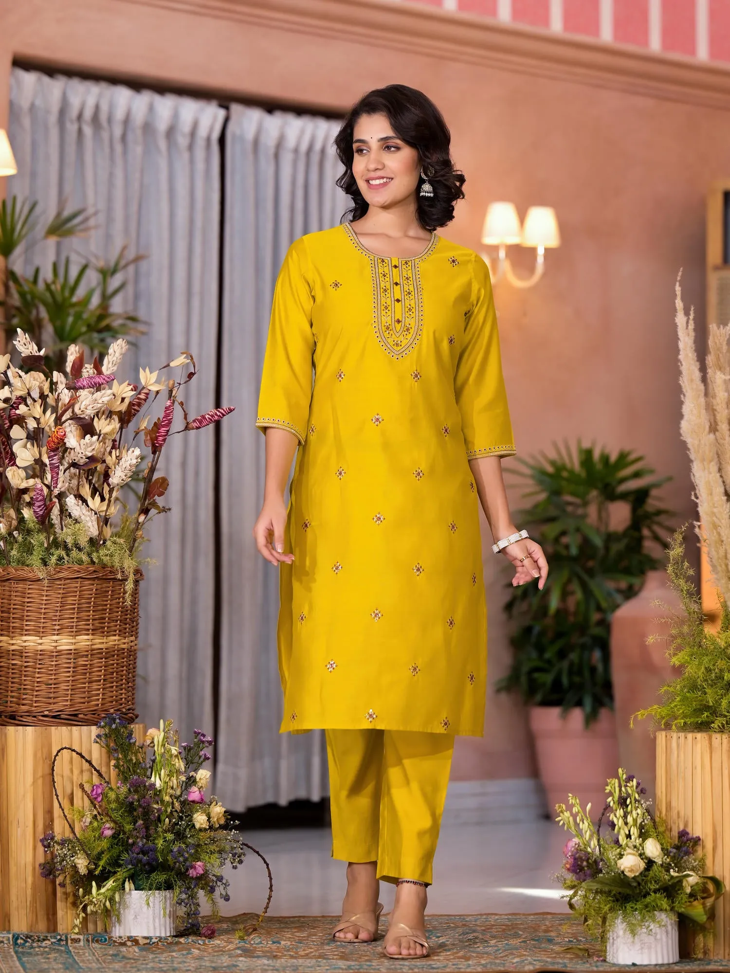 Yellow Thread Embroidered  Viscose Kurta Pant And Dupatta Set With Zari Work